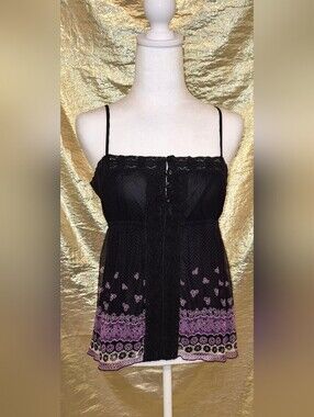 Vintage Free People Black and Purple Babydoll Spaghetti Tank Top